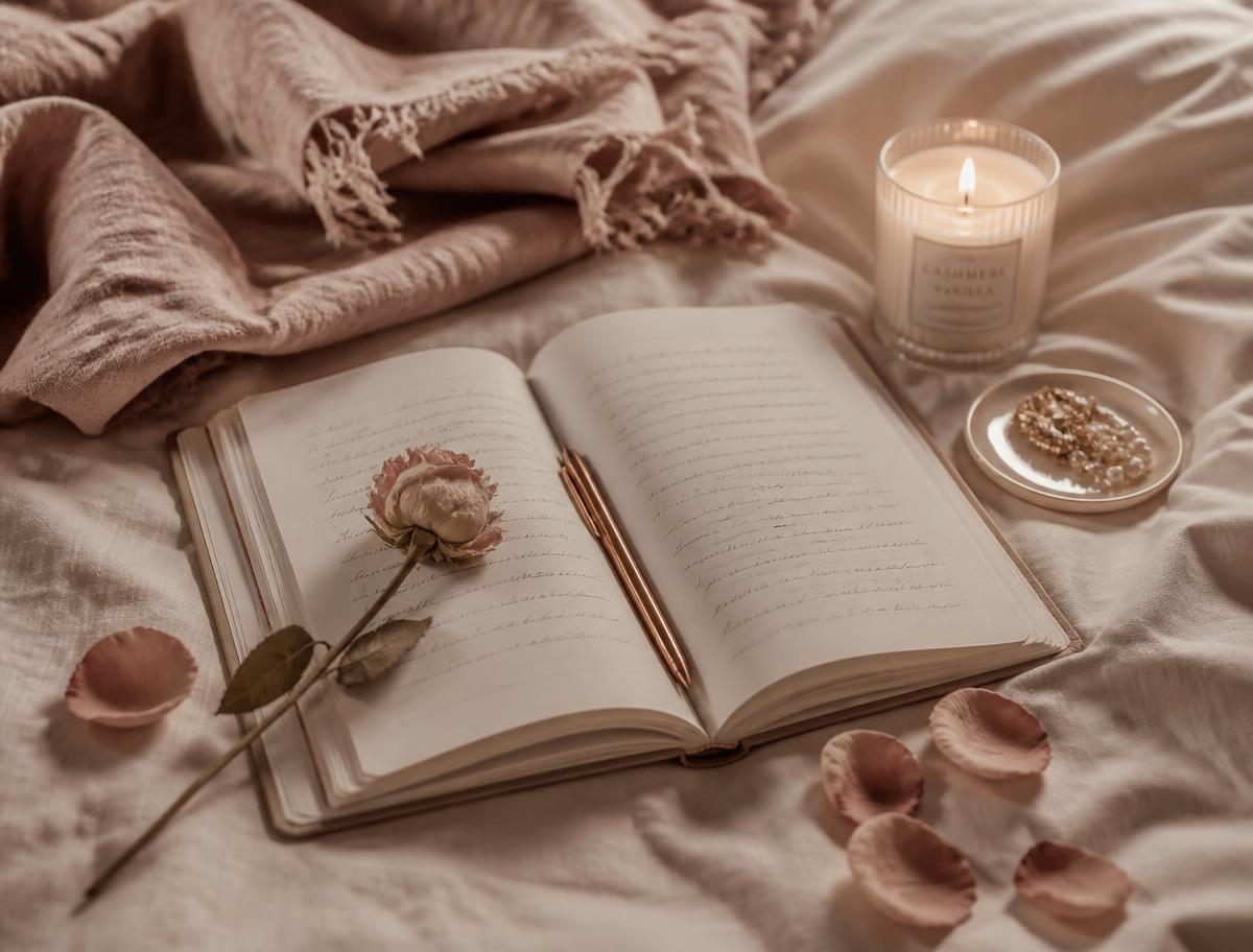 An open journal, candle and rose petals on soft linen