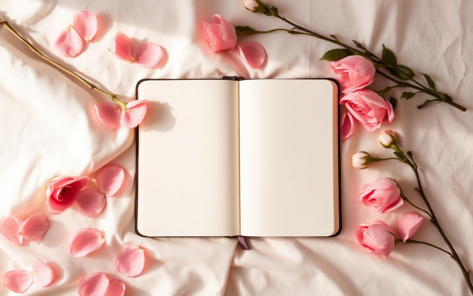 A journal open to a blank page with soft blush petals scattered nearby