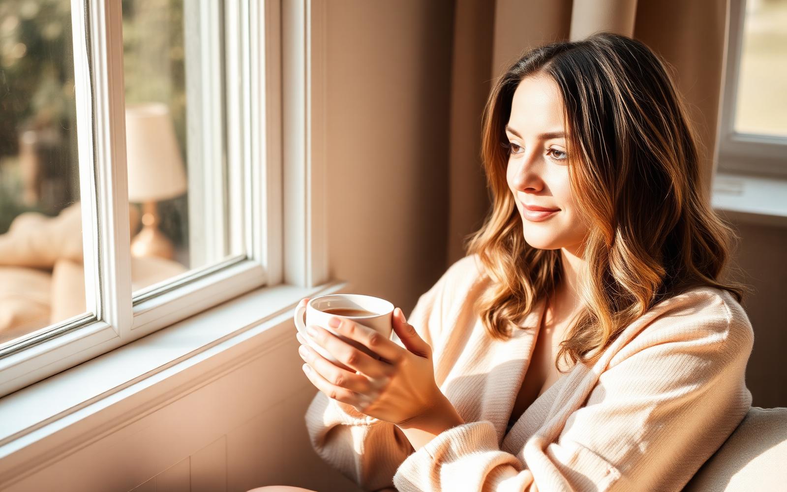 A woman sitting calmly by a window with a cup of tea in soft morning light