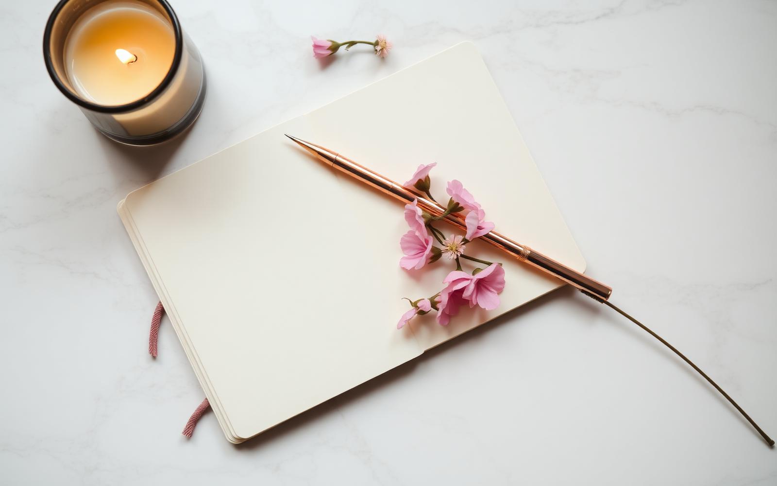 Soft neutral flat lay with a candle, journal and rose-gold pen