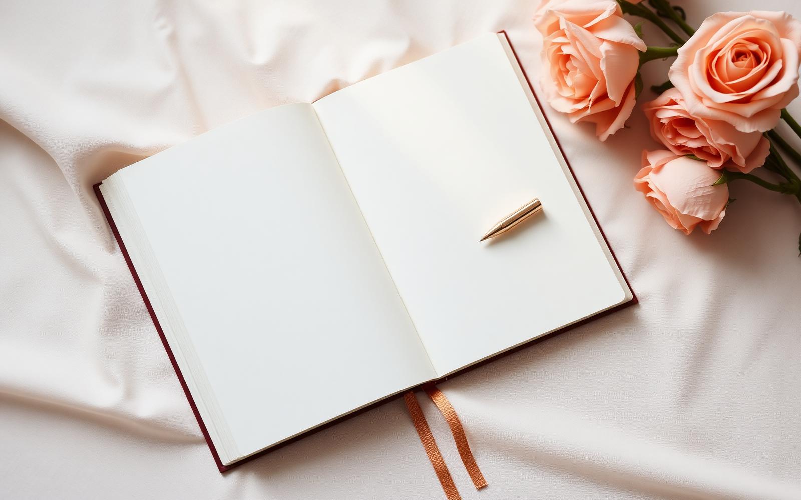 An open journal and pen on a linen surface beside dried roses
